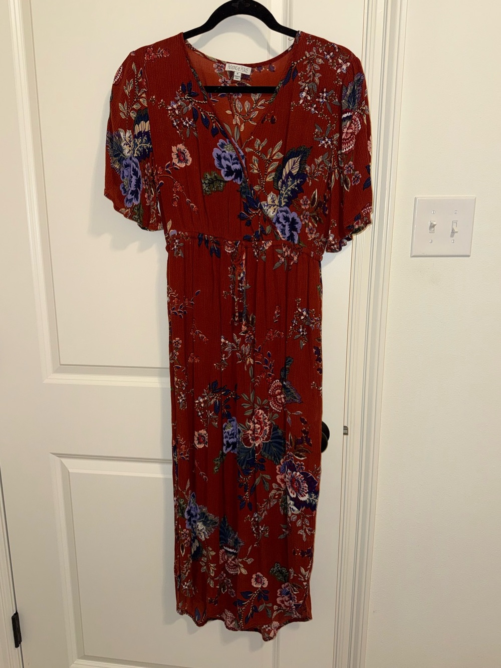 Patrons of Peace Rust Floral V-Neck Maxi Dress with Blue and Pink Accents